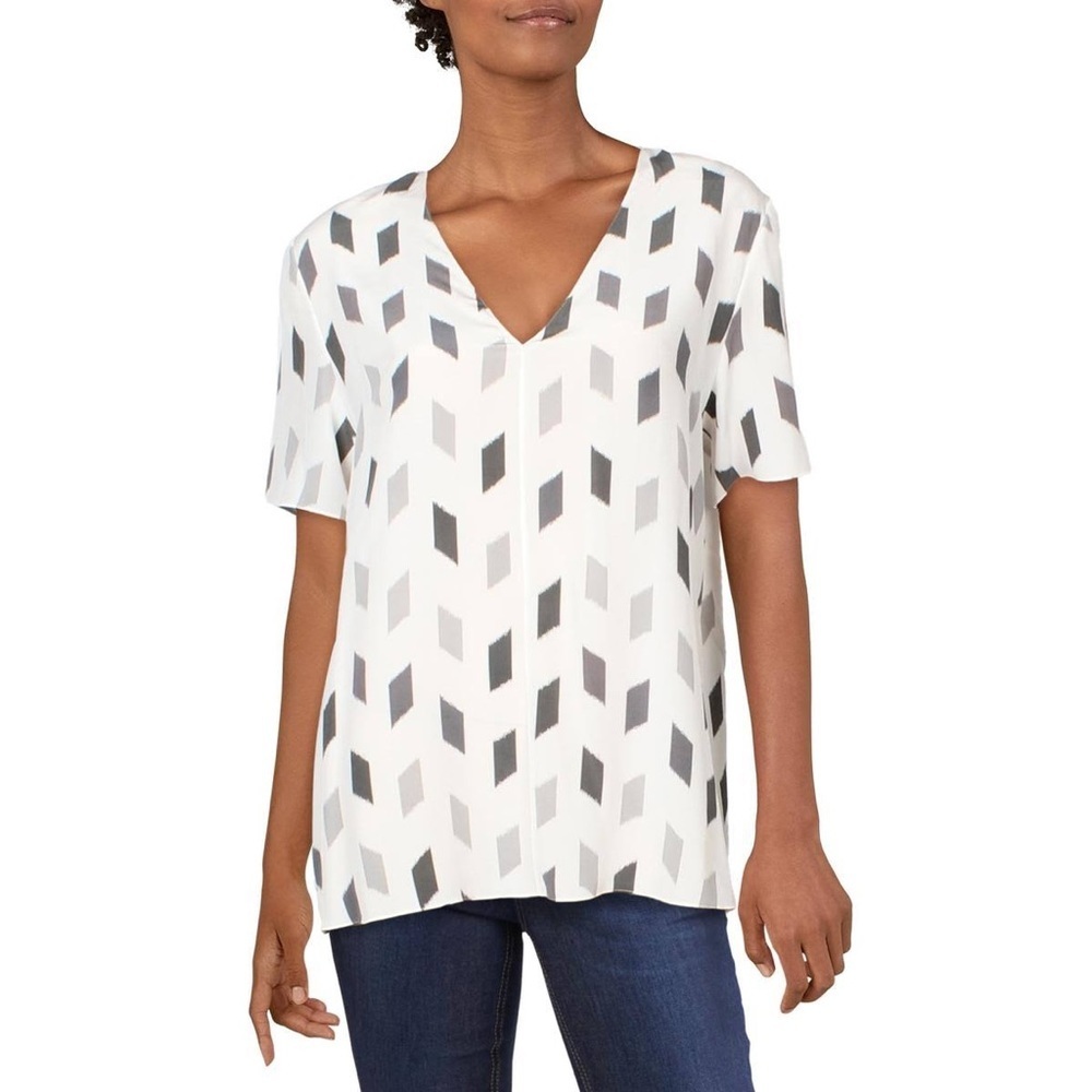 Theory White A-Line Brush Printed V- Neck Silk Blouse Size Medium NWT